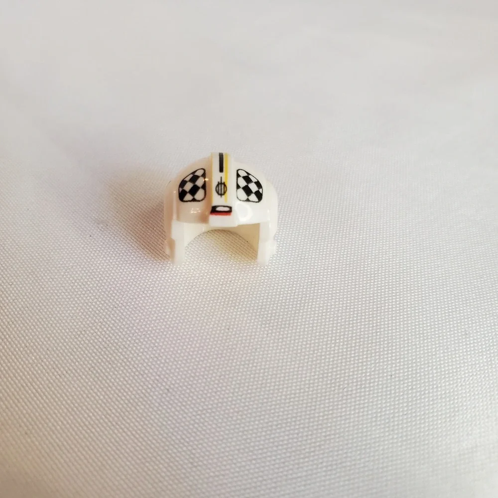 LEGO Minifigure White Racing Helmet with Checkered Pattern and Yellow Stripe